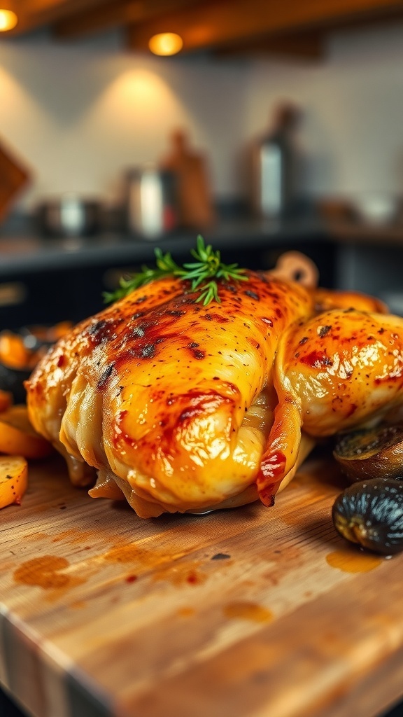Oven-baked chicken thigh with crispy skin, garnished with herbs, on a cutting board with roasted vegetables.